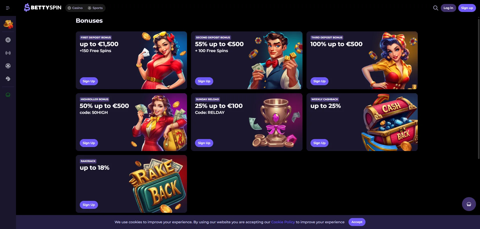 BettySpin Casino bonus benvenuto 1500 euro e 250 giri gratuiti
